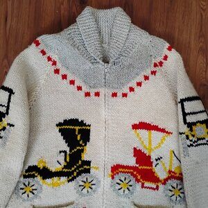 Vintage 60s Mary Maxim Antique Race Car Cowichan Cardigan Sweater